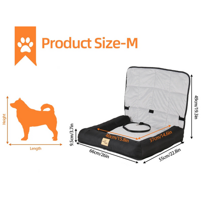 Pet bed with dimensions and a dog silhouette for size reference on a white background