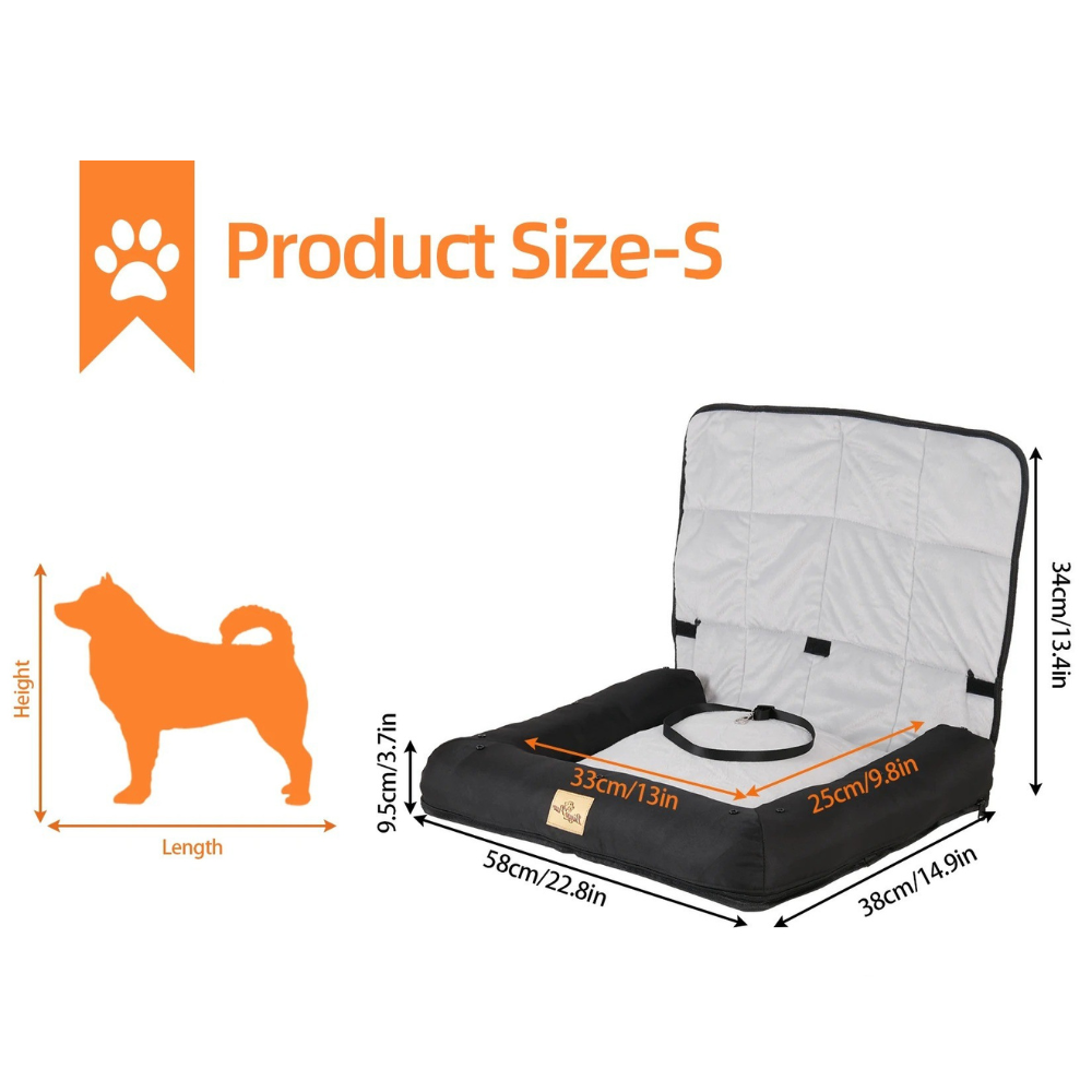 Measurement chart for a product size-S with a dog illustration and dimensions.