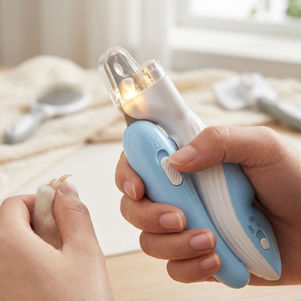 Person using a pet nail trimmer on a dog's paw with a soft focus background