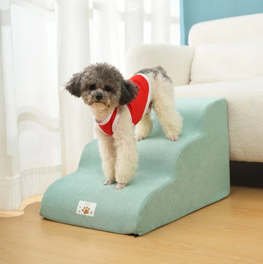 Pet step in two different colors with a dog wearing a red shirt on a light blue step.